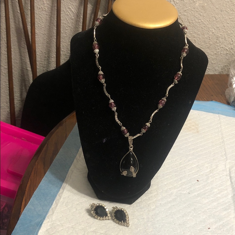 Vintage Black Teardrop Pendant Necklace with Purple Accent Beads